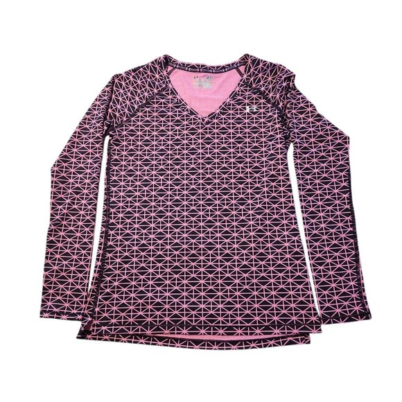 Under Armour Shirt Heat Gear Fitted Long Sleeve Pink Black Geometric Women Small - Picture 1 of 8